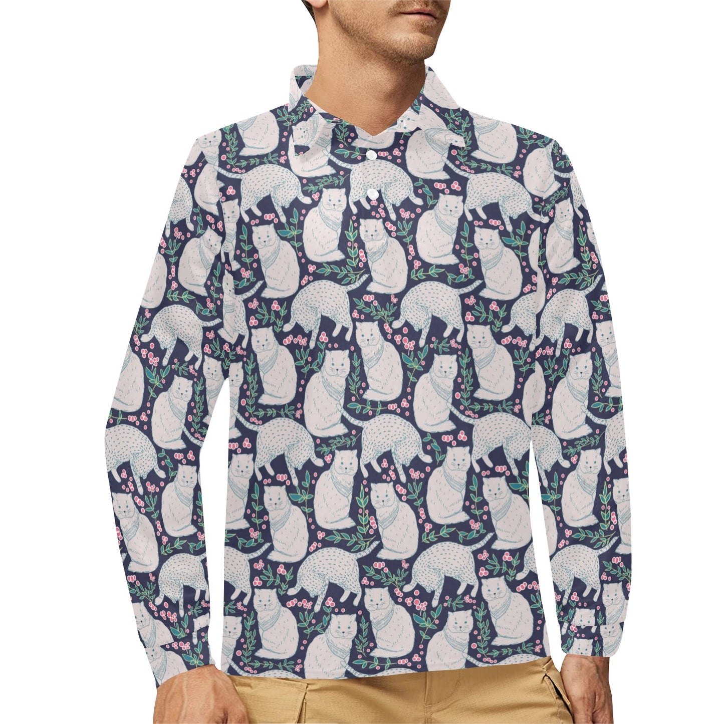 Cat Pattern Print Design 06 Long Sleeve Polo Shirt For Men's