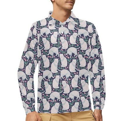Cat Pattern Print Design 06 Long Sleeve Polo Shirt For Men's