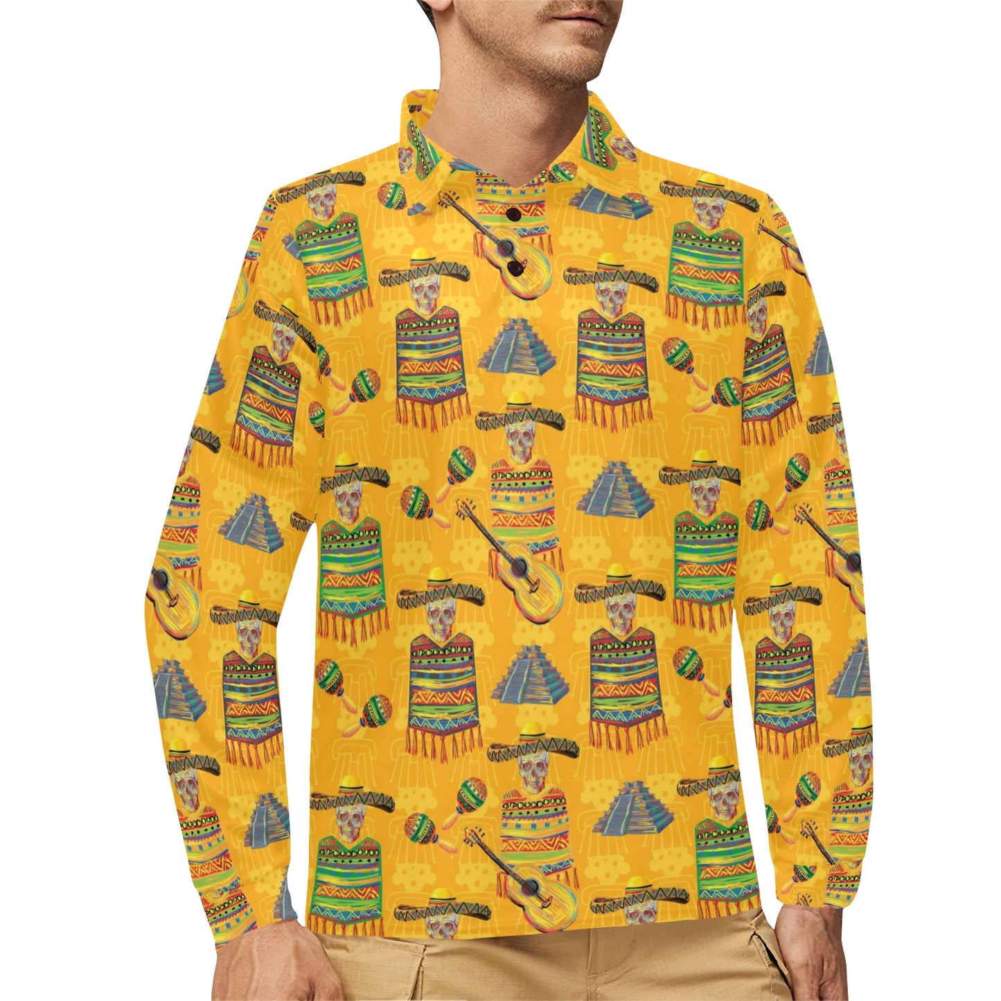 Maracas Mexican Style Pattern Print Design 02 Long Sleeve Polo Shirt For Men's