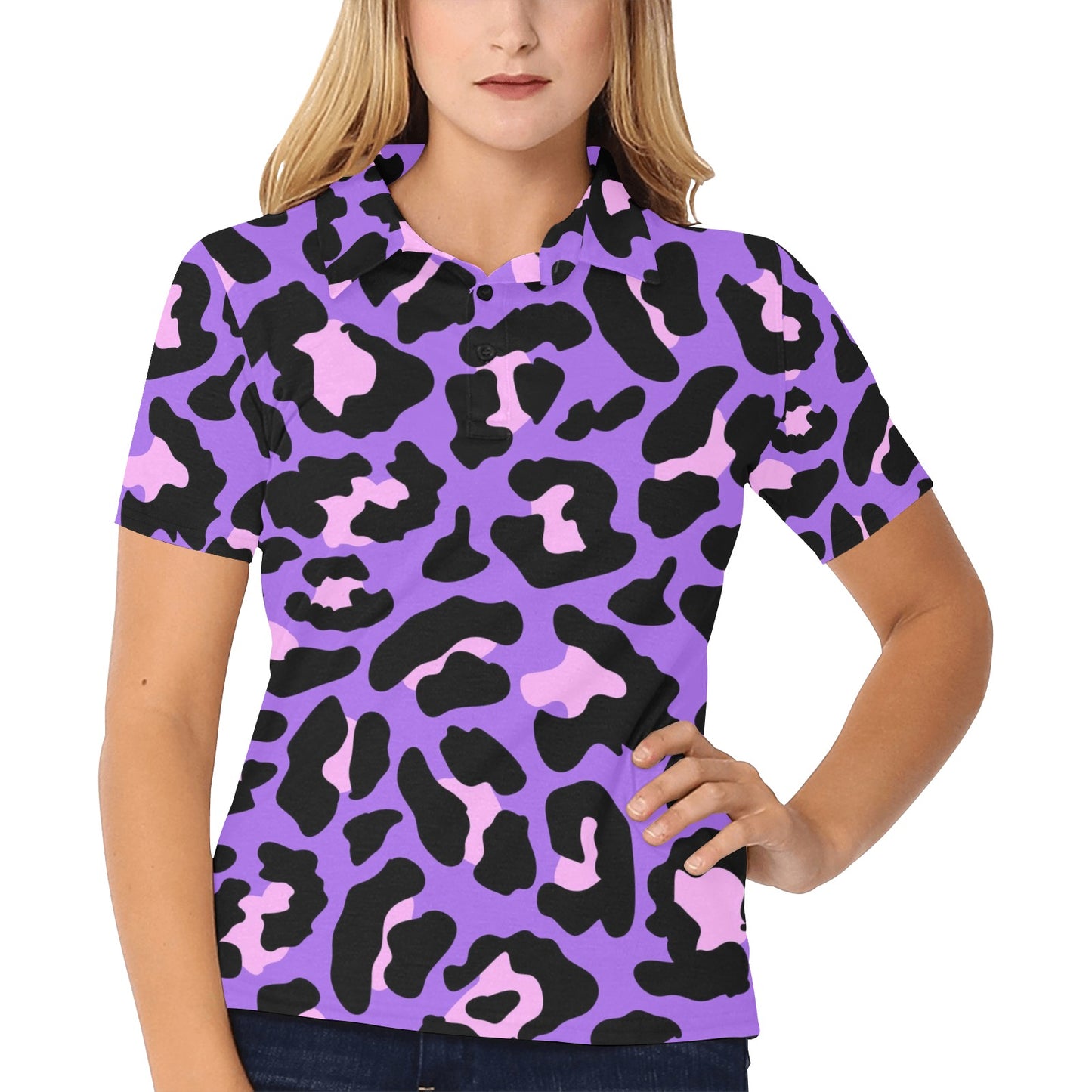 Cheetah Purple Neon Print Pattern Women's Polo Shirt