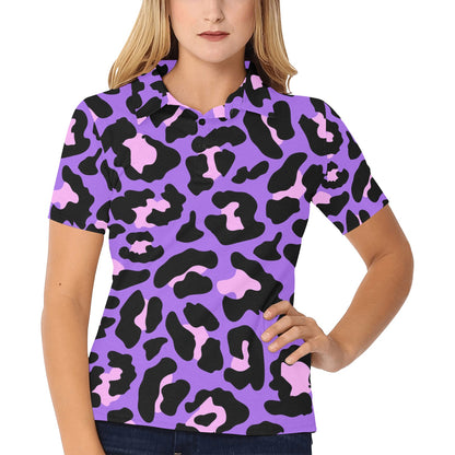 Cheetah Purple Neon Print Pattern Women's Polo Shirt