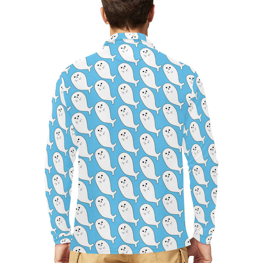 Sea Lion Print Design LKS402 Long Sleeve Polo Shirt For Men's