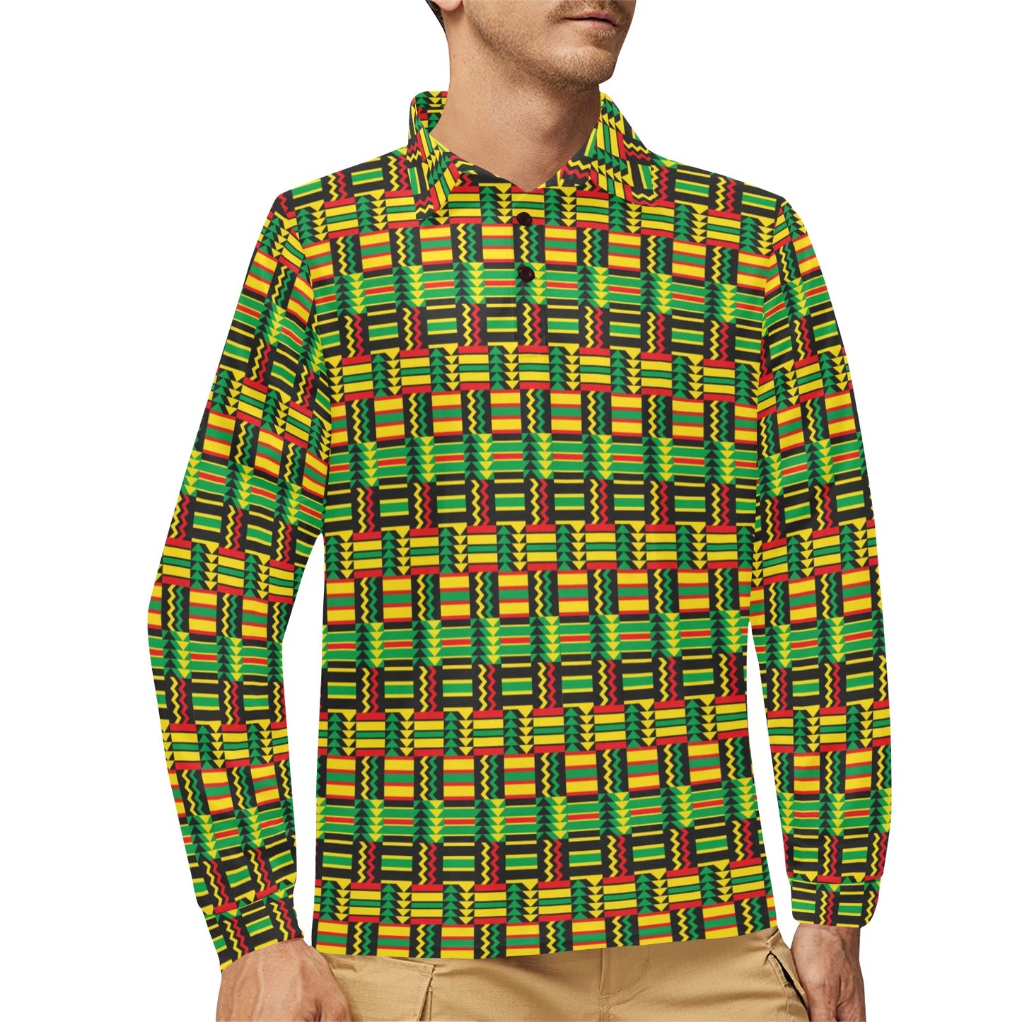 African Zip Zag Print Pattern Long Sleeve Polo Shirt For Men's