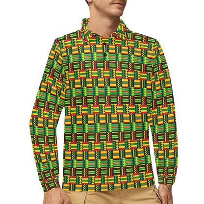 African Zip Zag Print Pattern Long Sleeve Polo Shirt For Men's