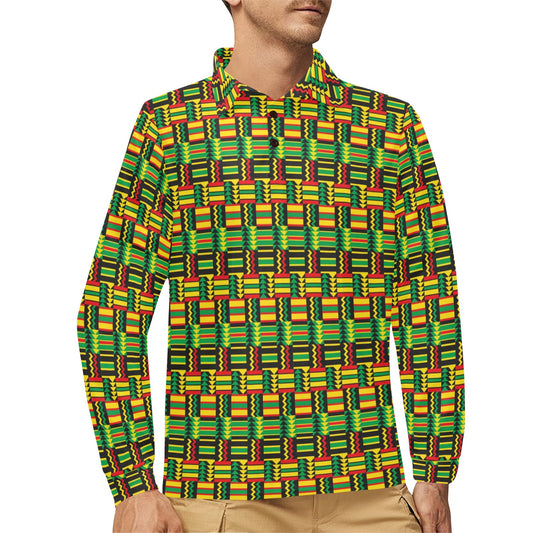 African Zip Zag Print Pattern Long Sleeve Polo Shirt For Men's