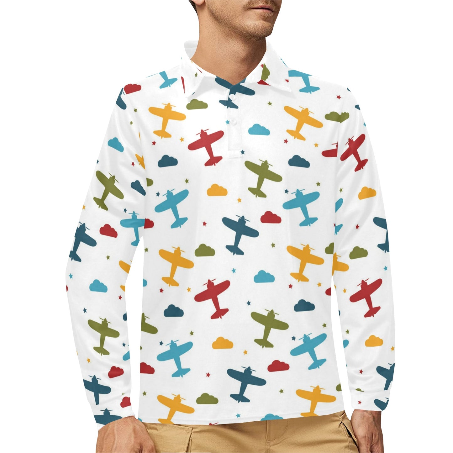 Airplane Pattern Print Design 06 Long Sleeve Polo Shirt For Men's