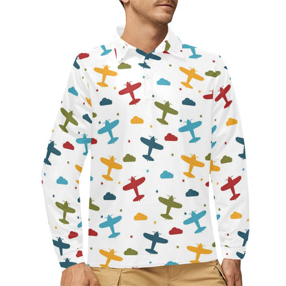 Airplane Pattern Print Design 06 Long Sleeve Polo Shirt For Men's