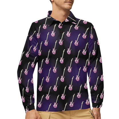 Electric Guitar Print Design LKS405 Long Sleeve Polo Shirt For Men's