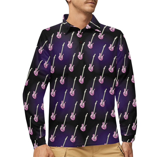 Electric Guitar Print Design LKS405 Long Sleeve Polo Shirt For Men's