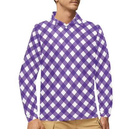 Gingham Purple Pattern Print Design 03 Long Sleeve Polo Shirt For Men's