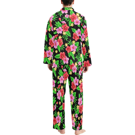 Pink Red Hibiscus Pattern Print Design HB023 Men's Long Pajama Set