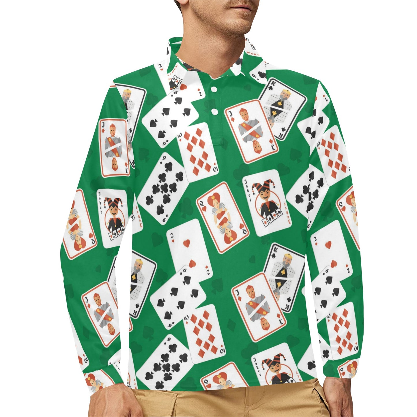Poker Cards Pattern Print Design A03 Long Sleeve Polo Shirt For Men's