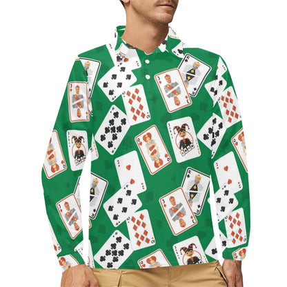Poker Cards Pattern Print Design A03 Long Sleeve Polo Shirt For Men's