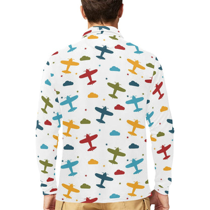 Airplane Pattern Print Design 06 Long Sleeve Polo Shirt For Men's