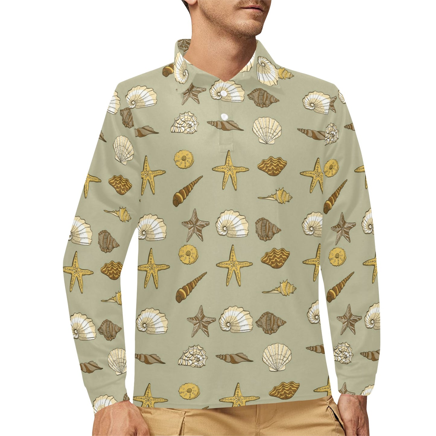 Seashell Beach Print Design LKS303 Long Sleeve Polo Shirt For Men's