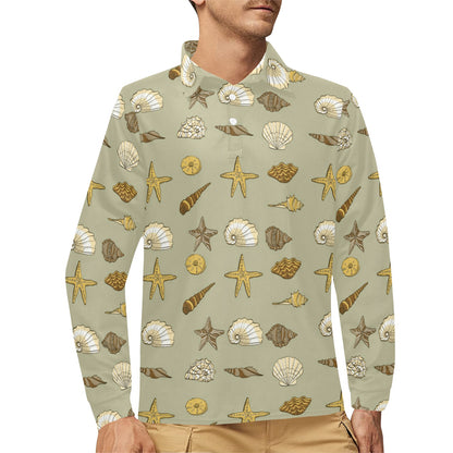 Seashell Beach Print Design LKS303 Long Sleeve Polo Shirt For Men's
