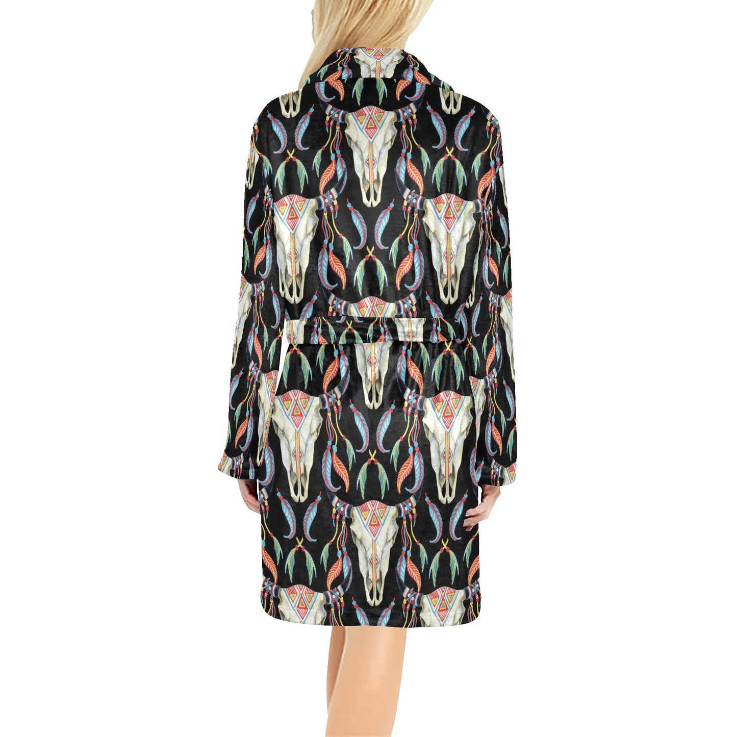 Buffalo Head Boho Style Pattern Print Design 01 Women's Fleece Robe