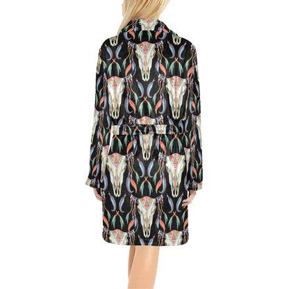 Buffalo Head Boho Style Pattern Print Design 01 Women's Fleece Robe