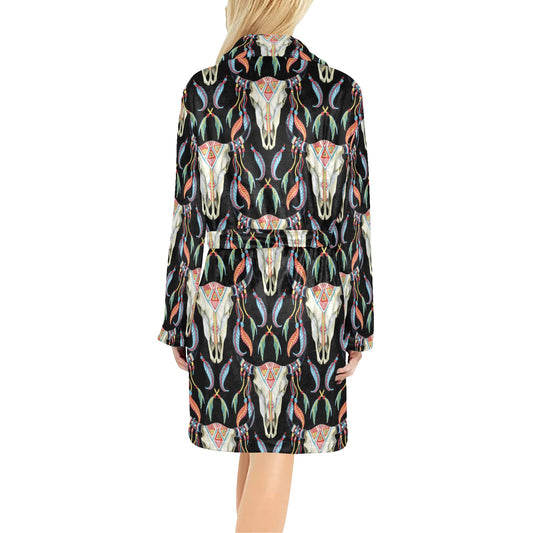 Buffalo Head Boho Style Pattern Print Design 01 Women's Fleece Robe