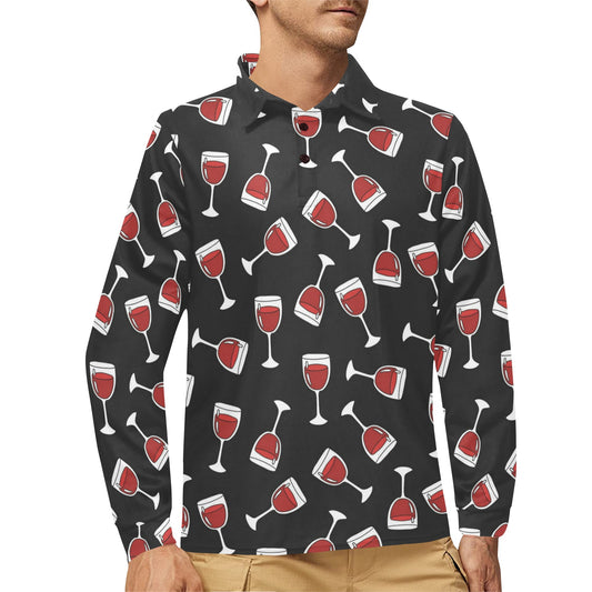 Wine Glass Print Design LKS303 Long Sleeve Polo Shirt For Men's