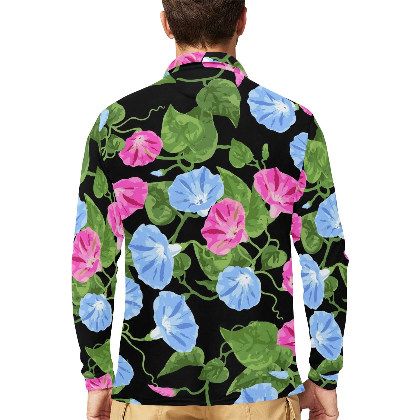 Morning Glory Pattern Print Design MG04 Long Sleeve Polo Shirt For Men's