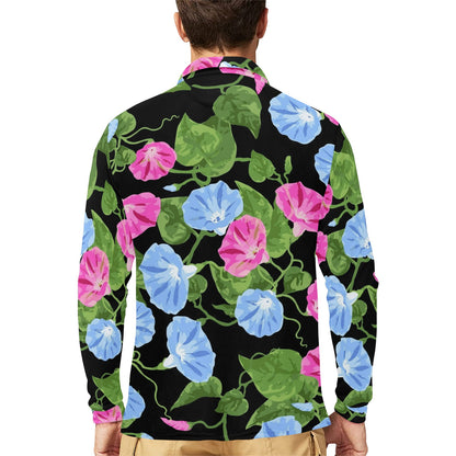 Morning Glory Pattern Print Design MG04 Long Sleeve Polo Shirt For Men's