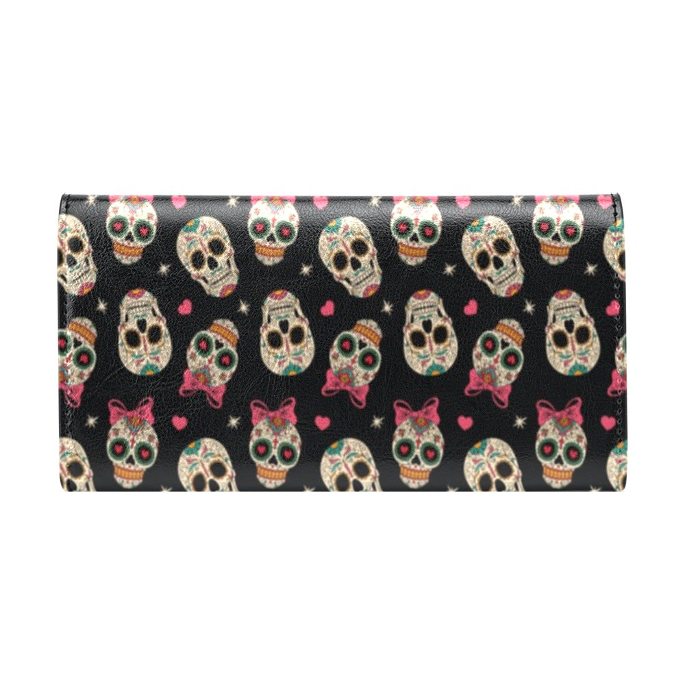 Sugar Skull Pink Bow Themed Print Women's Trifold Wallet