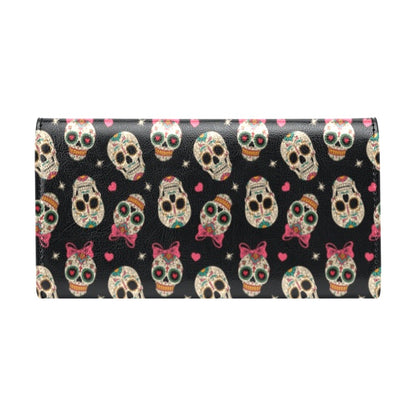 Sugar Skull Pink Bow Themed Print Women's Trifold Wallet