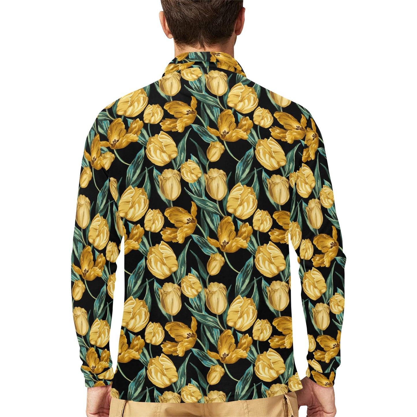 Elegant Yellow Tulip Print Long Sleeve Polo Shirt For Men's
