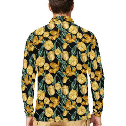 Elegant Yellow Tulip Print Long Sleeve Polo Shirt For Men's