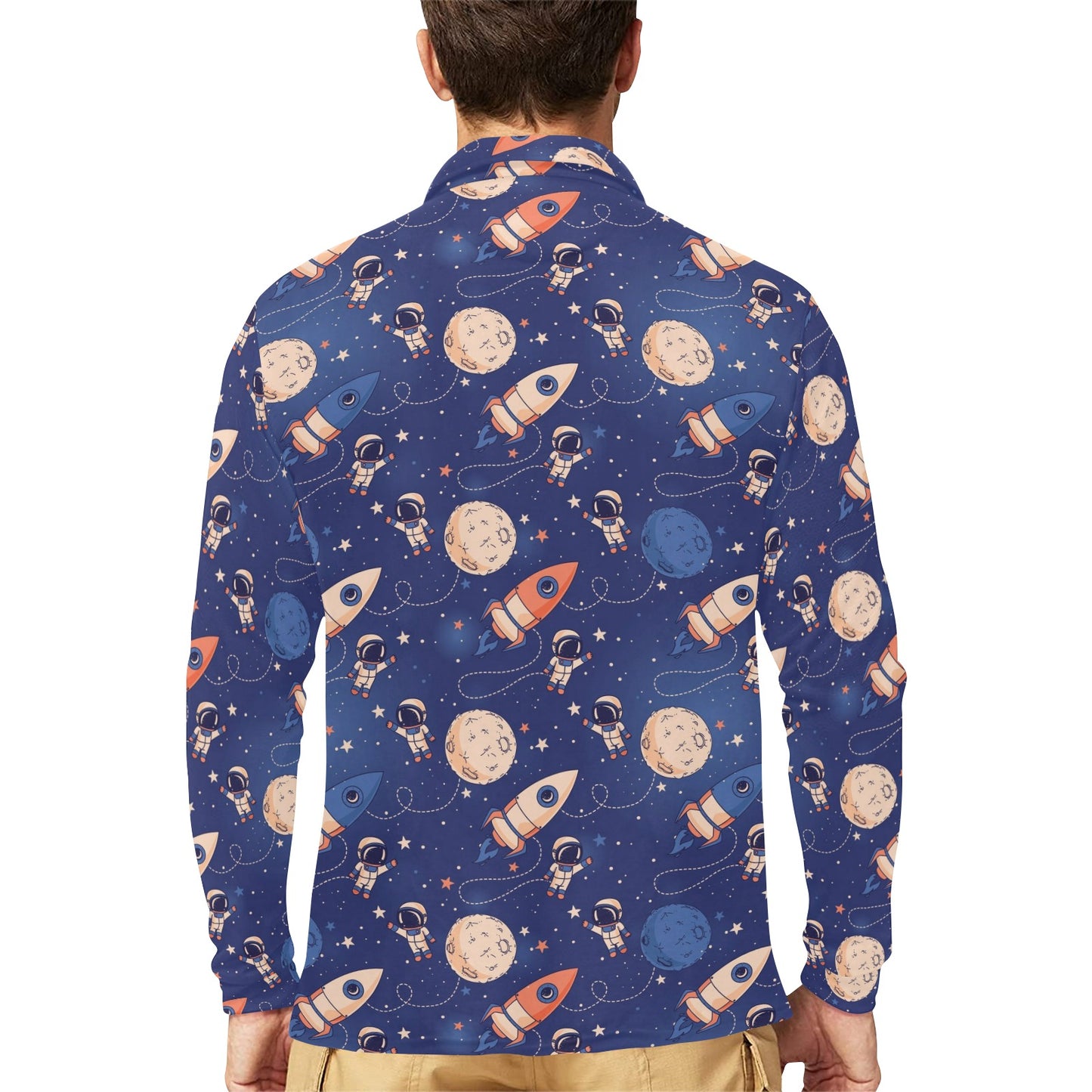 Space Astronaut Rocket Print Design LKS304 Long Sleeve Polo Shirt For Men's