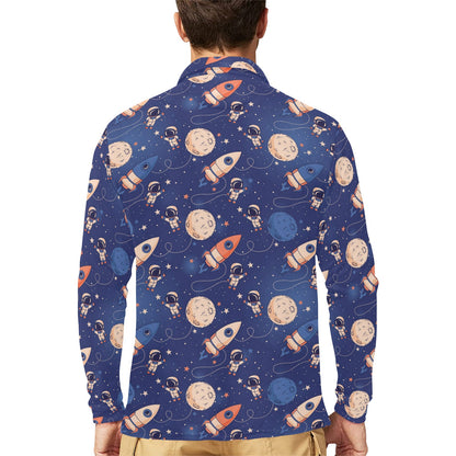 Space Astronaut Rocket Print Design LKS304 Long Sleeve Polo Shirt For Men's