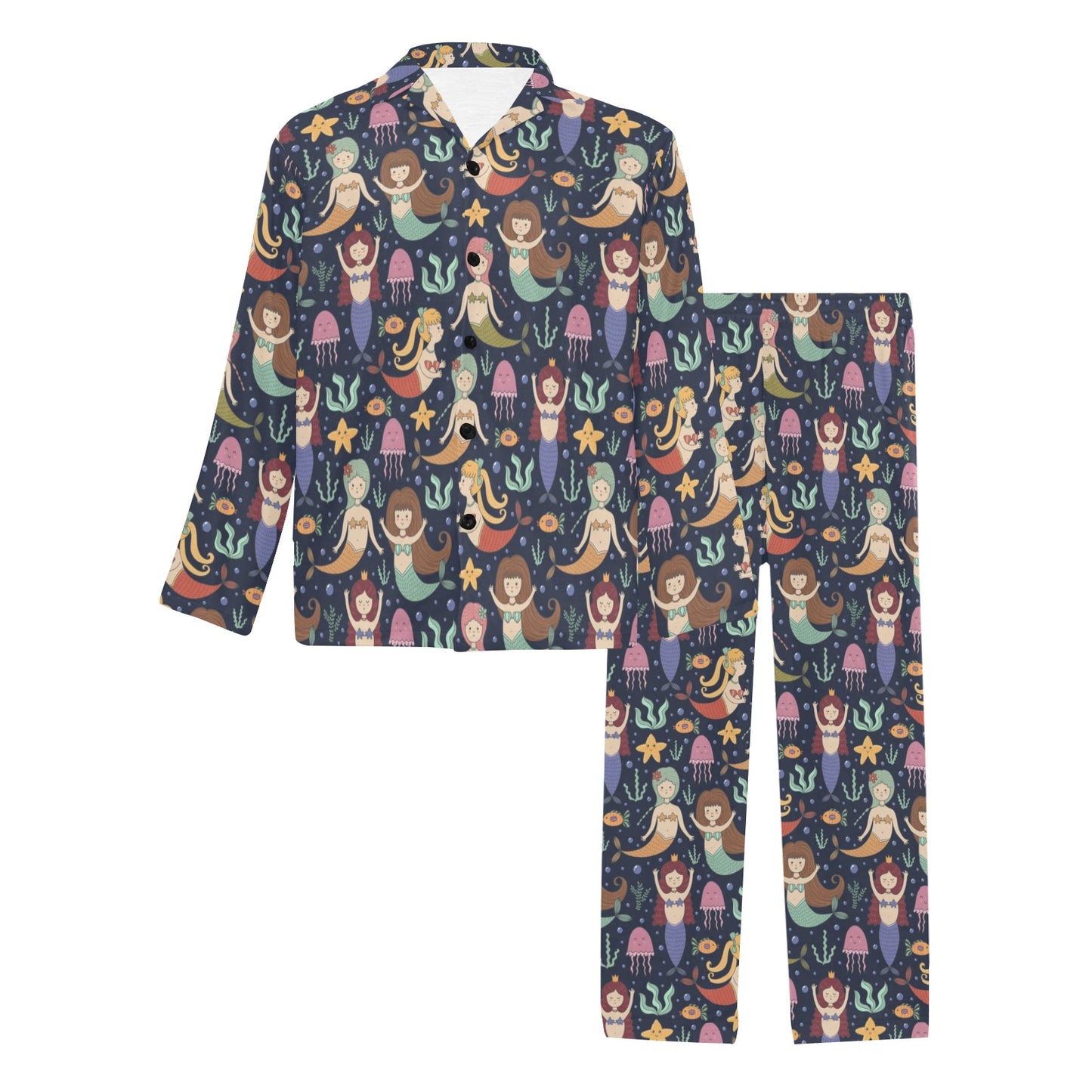 Mermaid Cartoon Pattern Print Design 03 Men's Long Pajama Set