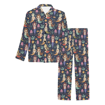 Mermaid Cartoon Pattern Print Design 03 Men's Long Pajama Set