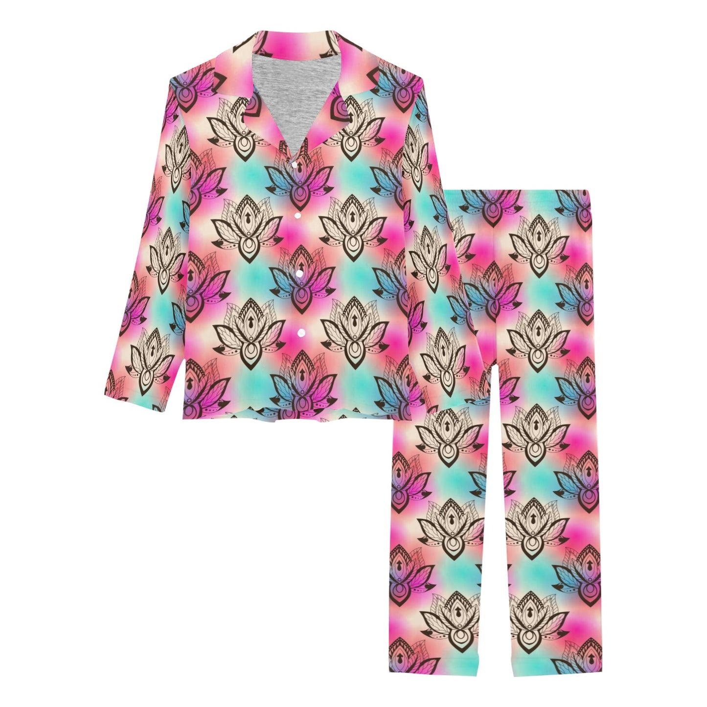 lotus Boho Pattern Print Design LO02 Women's Long Pajama Set