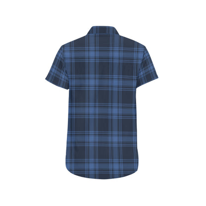 Tartan Blue Print Design LKS304 Men Short Sleeve Button Up Shirt