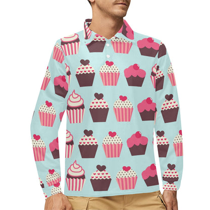 CupCake Print Pattern Long Sleeve Polo Shirt For Men's