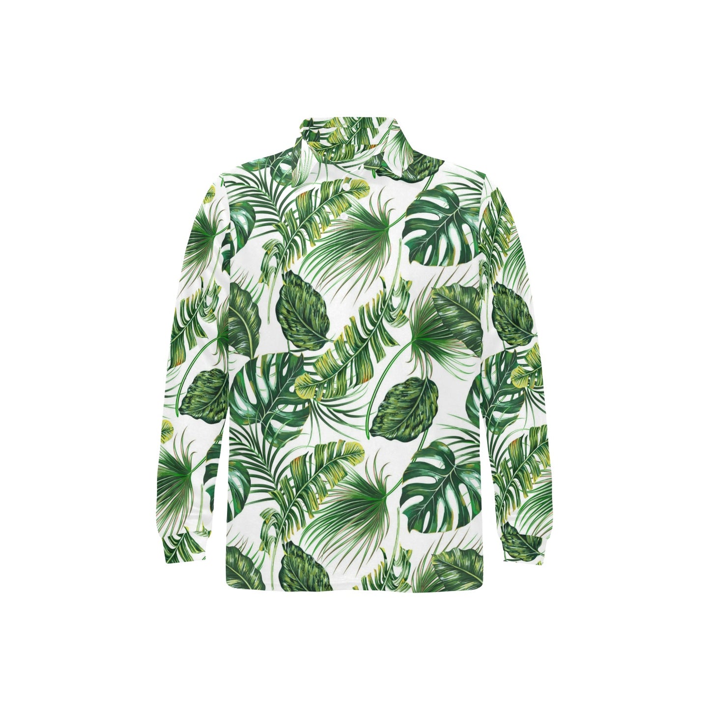 Green Pattern Tropical Palm Leaves Long Sleeve Polo Shirt For Men's