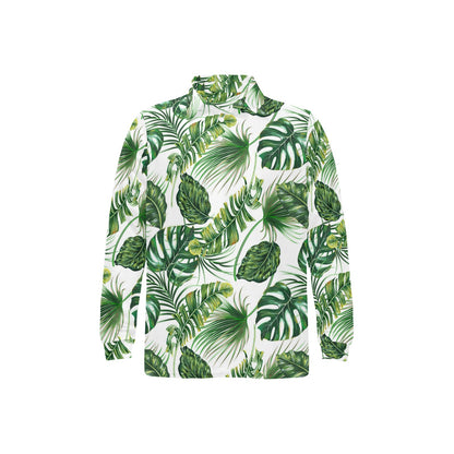 Green Pattern Tropical Palm Leaves Long Sleeve Polo Shirt For Men's