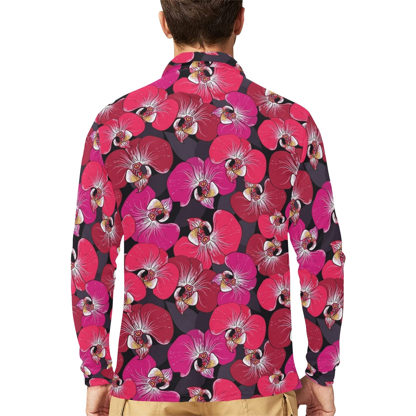 Orchid Red Pattern Print Design OR05 Long Sleeve Polo Shirt For Men's