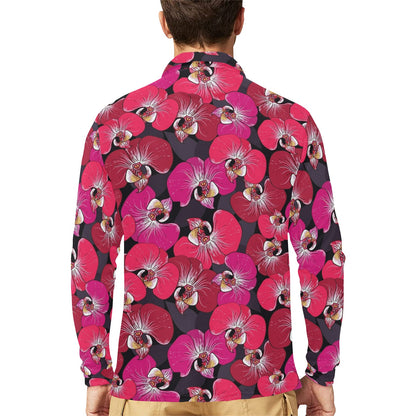 Orchid Red Pattern Print Design OR05 Long Sleeve Polo Shirt For Men's