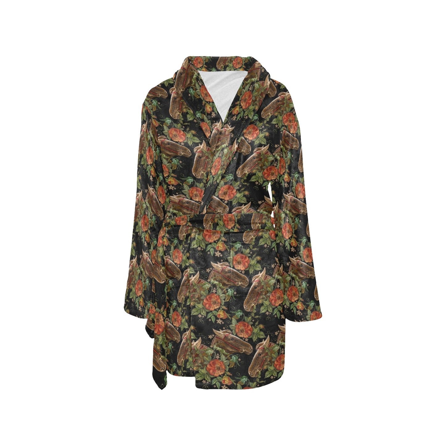 Horse Embroidery with Flower Design Women's Fleece Robe