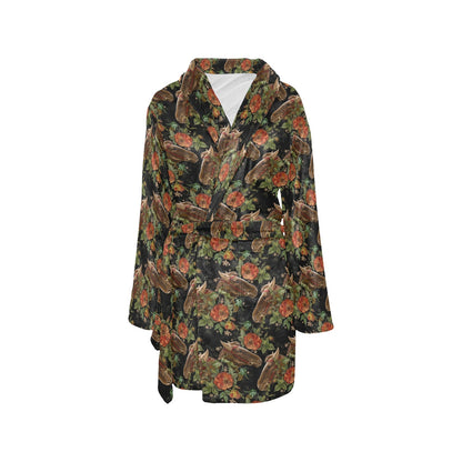 Horse Embroidery with Flower Design Women's Fleece Robe