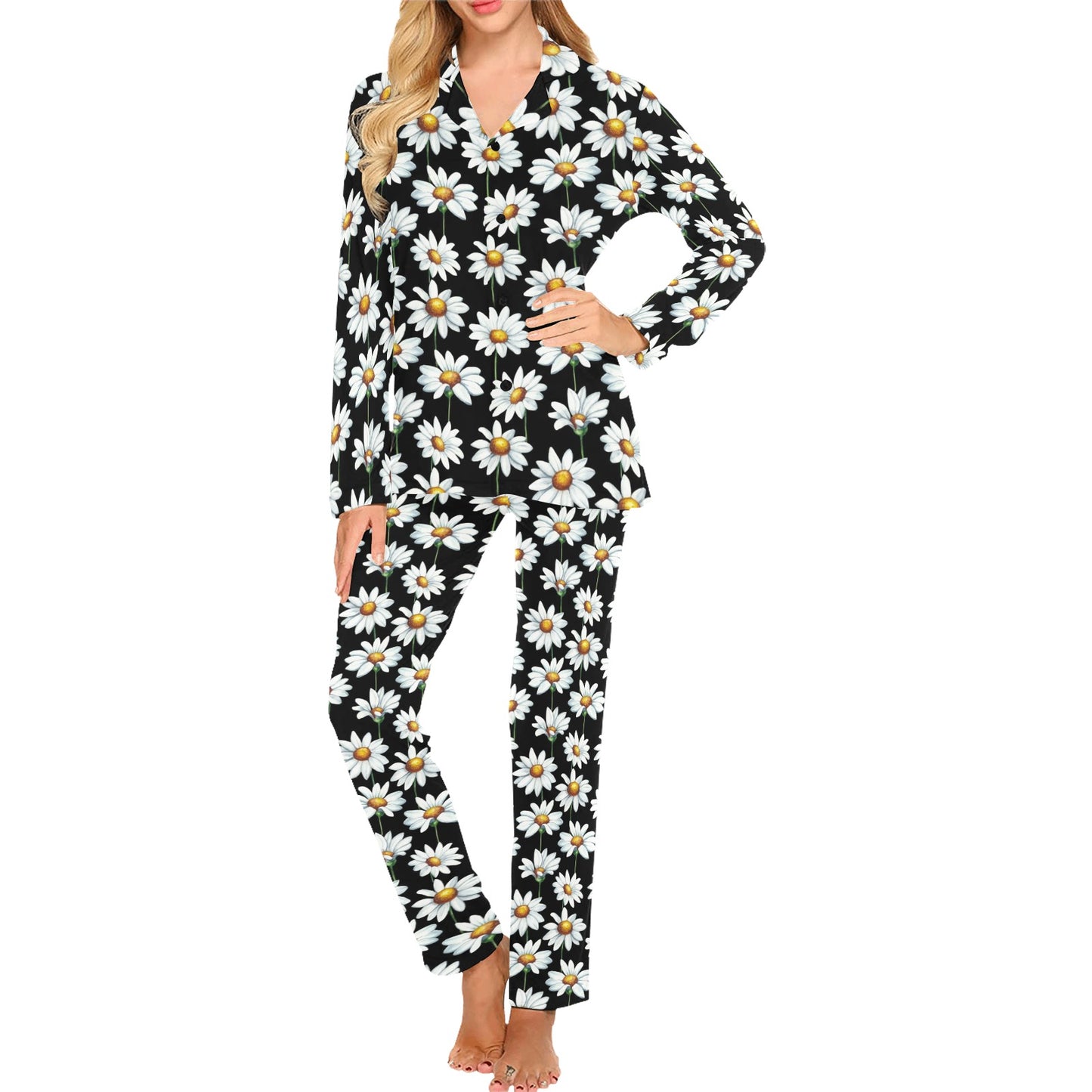Daisy Print Pattern Women's Long Pajama Set