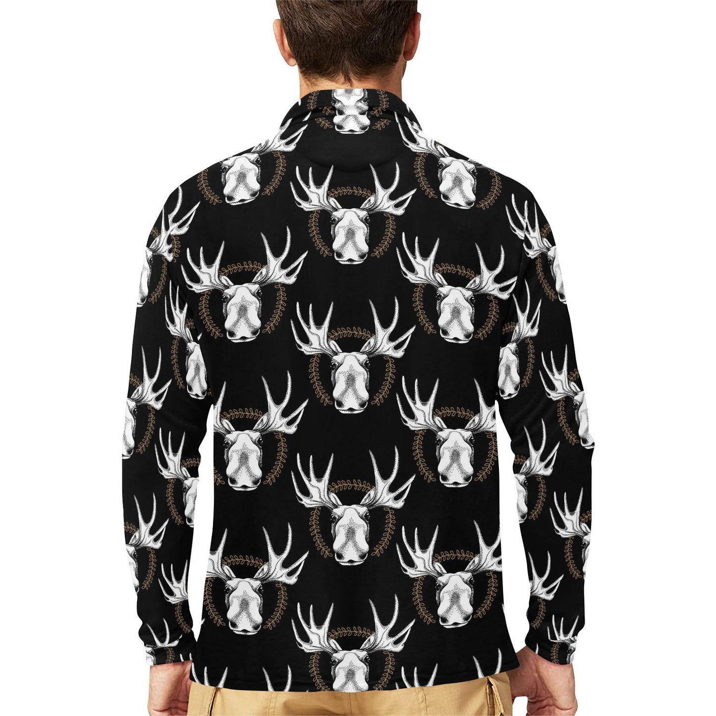 Moose Pattern Print Design 02 Long Sleeve Polo Shirt For Men's