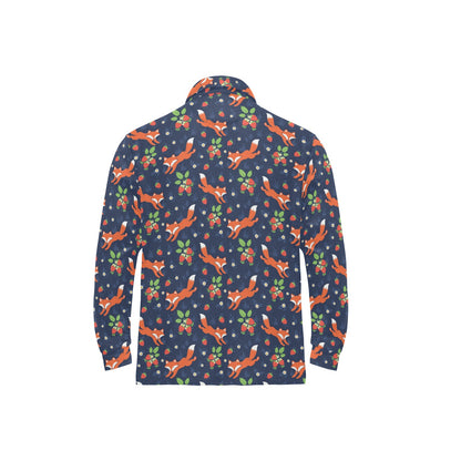 Fox Strawberry Print Pattern Long Sleeve Polo Shirt For Men's