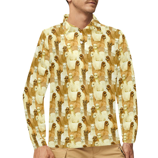 Alpaca Watercolor Design Themed Print Long Sleeve Polo Shirt For Men's
