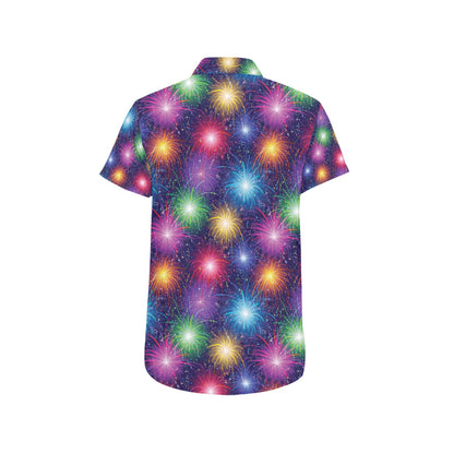 Firework Colorful Print Design LKS301 Men Short Sleeve Button Up Shirt