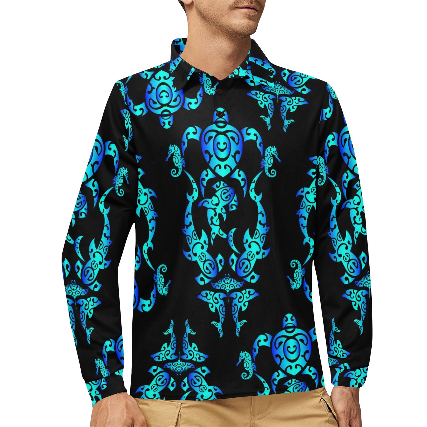 Sea turtle Polynesian Tribal Hawaiian Long Sleeve Polo Shirt For Men's
