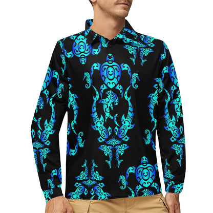 Sea turtle Polynesian Tribal Hawaiian Long Sleeve Polo Shirt For Men's